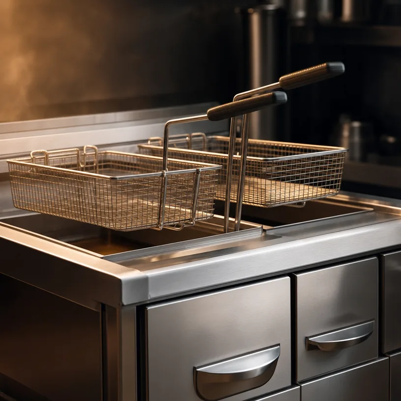 Friteuse professionnelle double bac en inox brossé, paniers relevés, dans une cuisine sombre