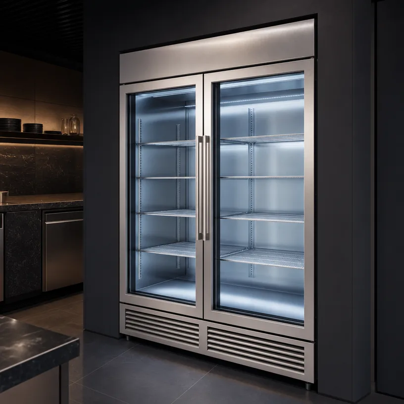 Armoire réfrigérée vitrée professionnelle, halo intérieur froid, structure inox
