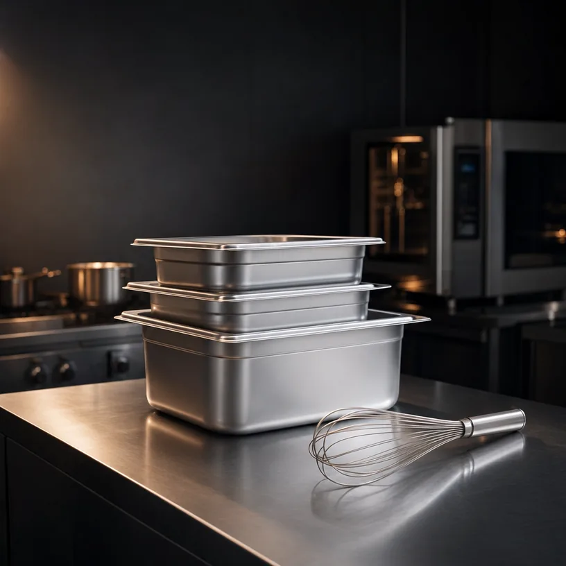 Bacs gastronormes empilés et fouet sur table de préparation en inox brossé
